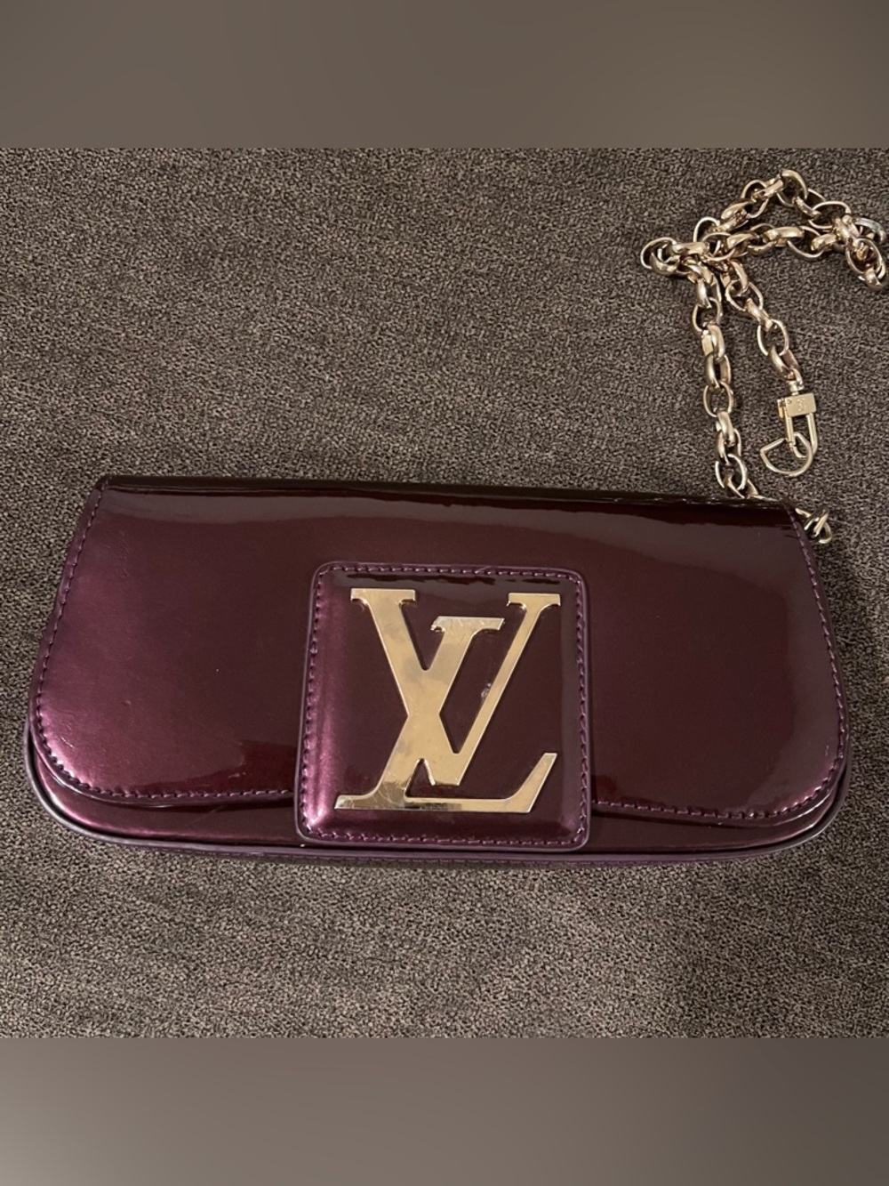 Louis Vuitton Patent Plum Clutch with Gold Chain
